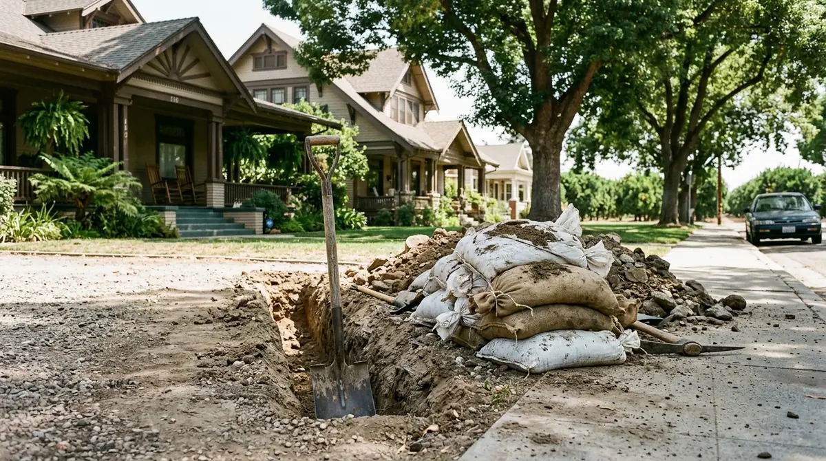 Bagged soil beside an open trench with a shovel standing in it - Sewer Backup Repair in Redlands