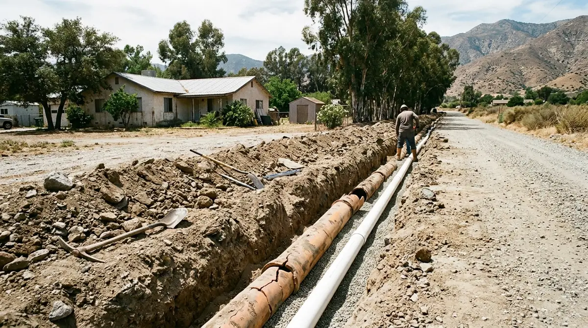 A replacement PVC lateral laid in the trench beside the old clay - Sewer Backup Repair in Mentone
