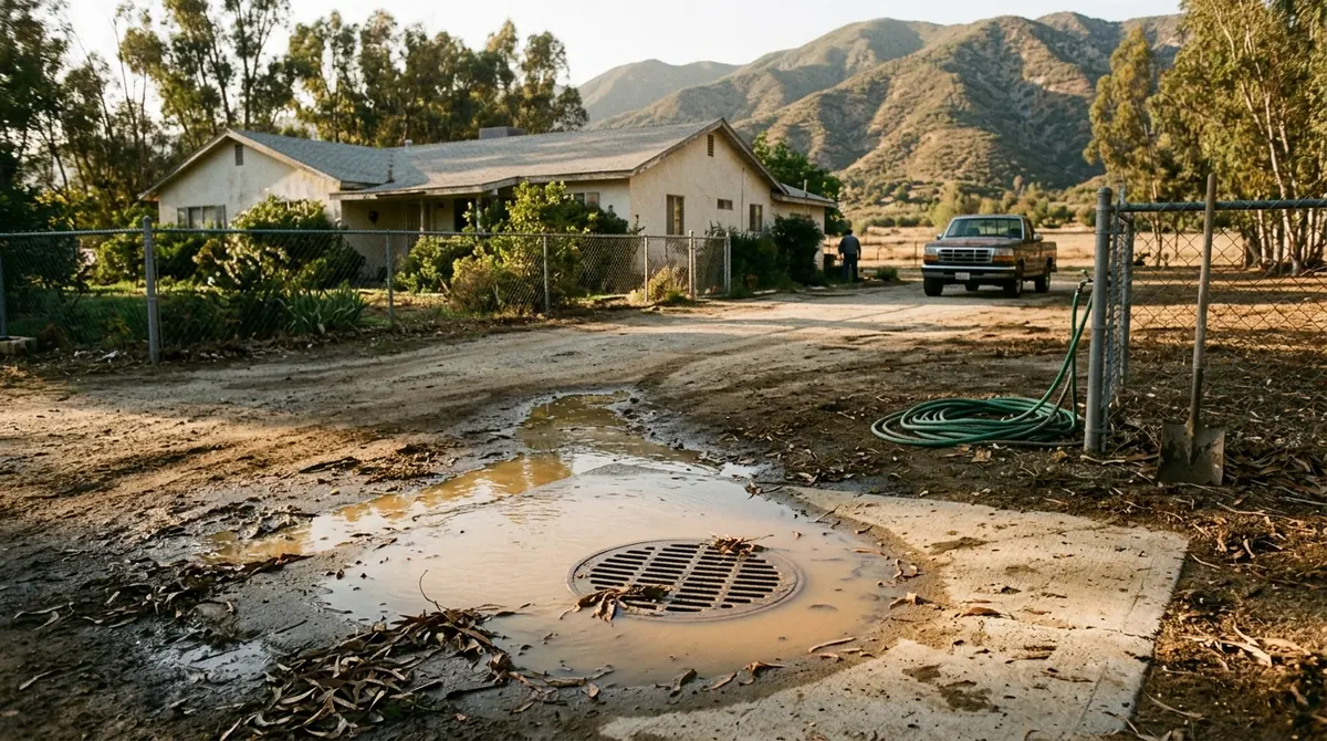 Stained water standing over a yard drain grate - Sewer Backup Repair in Mentone