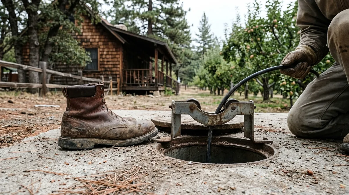 A boot and a cable guide at the mouth of an open clean-out - Sewer Backup Repair in Oak Glen