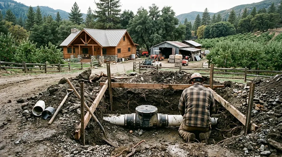 A backwater valve fitted into the lateral in an open pit - Sewer Backup Repair in Oak Glen