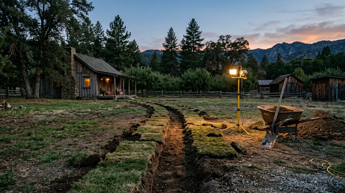 A backfilled trench with the sod laid back in strips - Sewer Backup Repair in Oak Glen