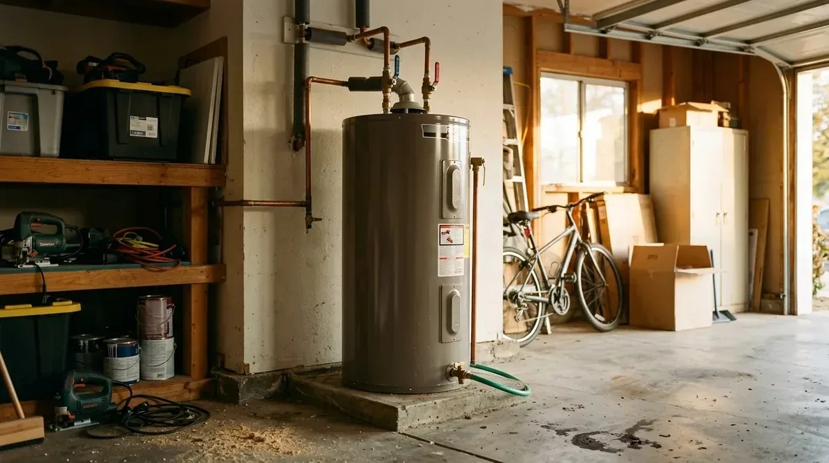 A tank water heater in a garage, its cold and hot connections and drain valve visible - Water Heater Repair in Yucaipa