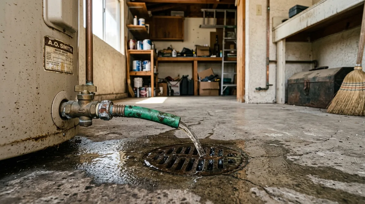 A garden hose on a water heater drain valve, water running out to a floor drain - Water Heater Repair in Yucaipa