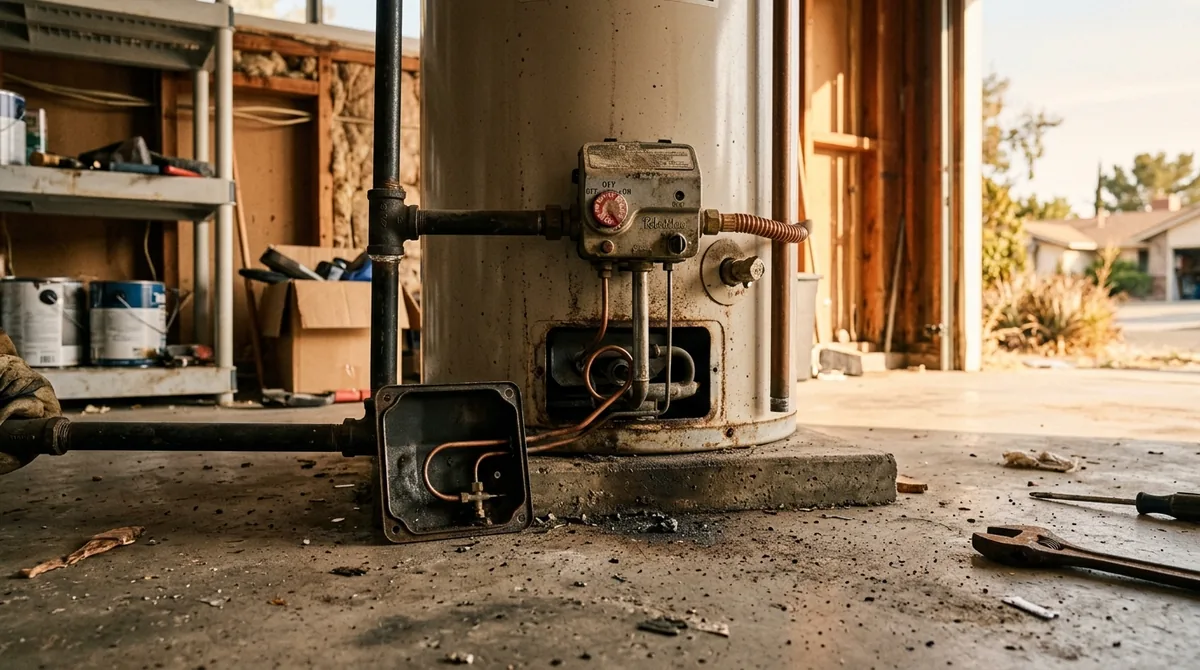 A water heater gas control valve with the pilot access panel off - Water Heater Repair in Calimesa