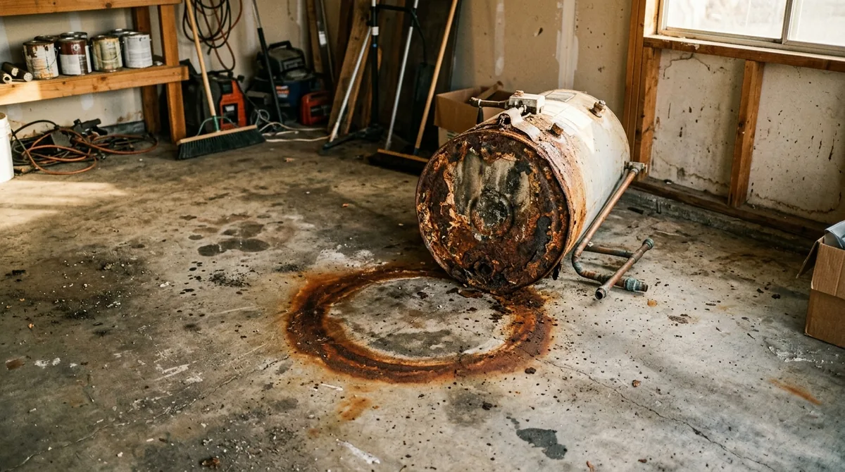 A rusted tank base with a rust ring on the garage slab beneath it - Water Heater Repair in Calimesa