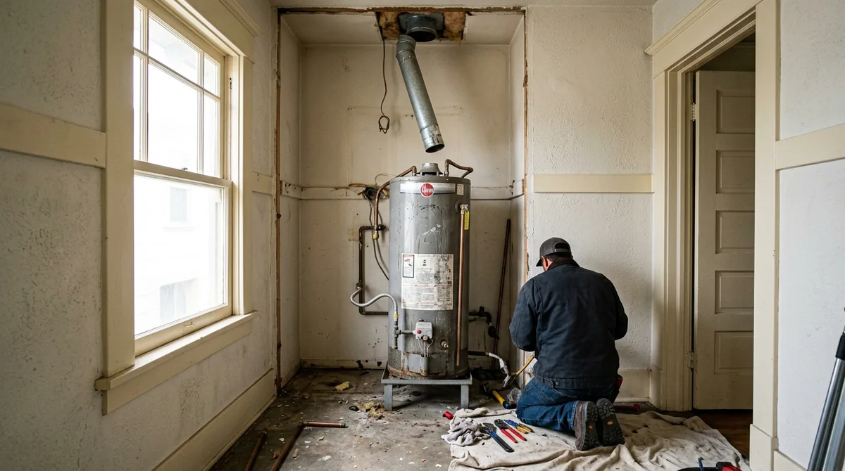 A water heater pulled out from the wall with the flue disconnected above - Water Heater Repair in Redlands