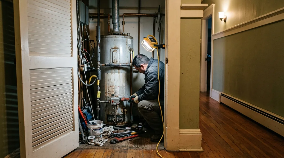 A water heater in a hallway closet with the louvered door open - Water Heater Repair in Redlands