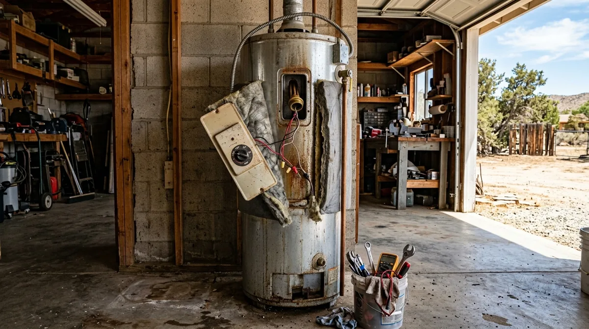 An element port with the thermostat cover and insulation folded back - Water Heater Repair in Mentone