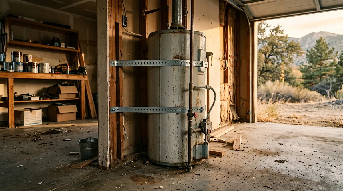 A water heater strapped to a garage wall, the seismic straps visible - Water Heater Repair in Mentone