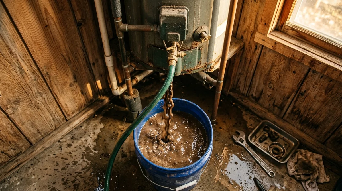 Brown sediment flushing from a hose into a bucket at a heater's drain - Water Heater Repair in Oak Glen