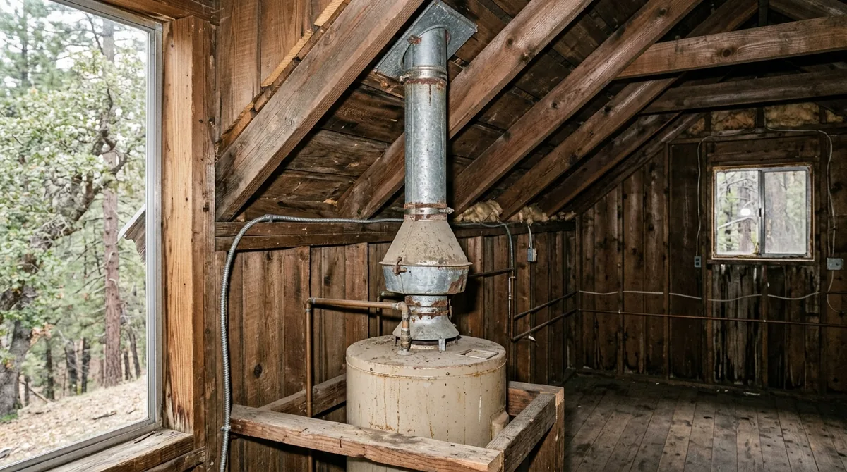 A heater's draft diverter and flue hat seen from below - Water Heater Repair in Oak Glen