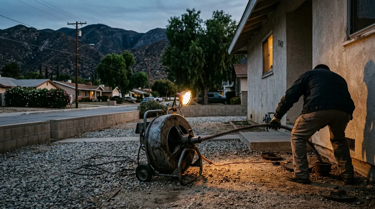 A sectional drain machine at an open clean-out beside the house, cable fed in - Drain Unblocking in Yucaipa