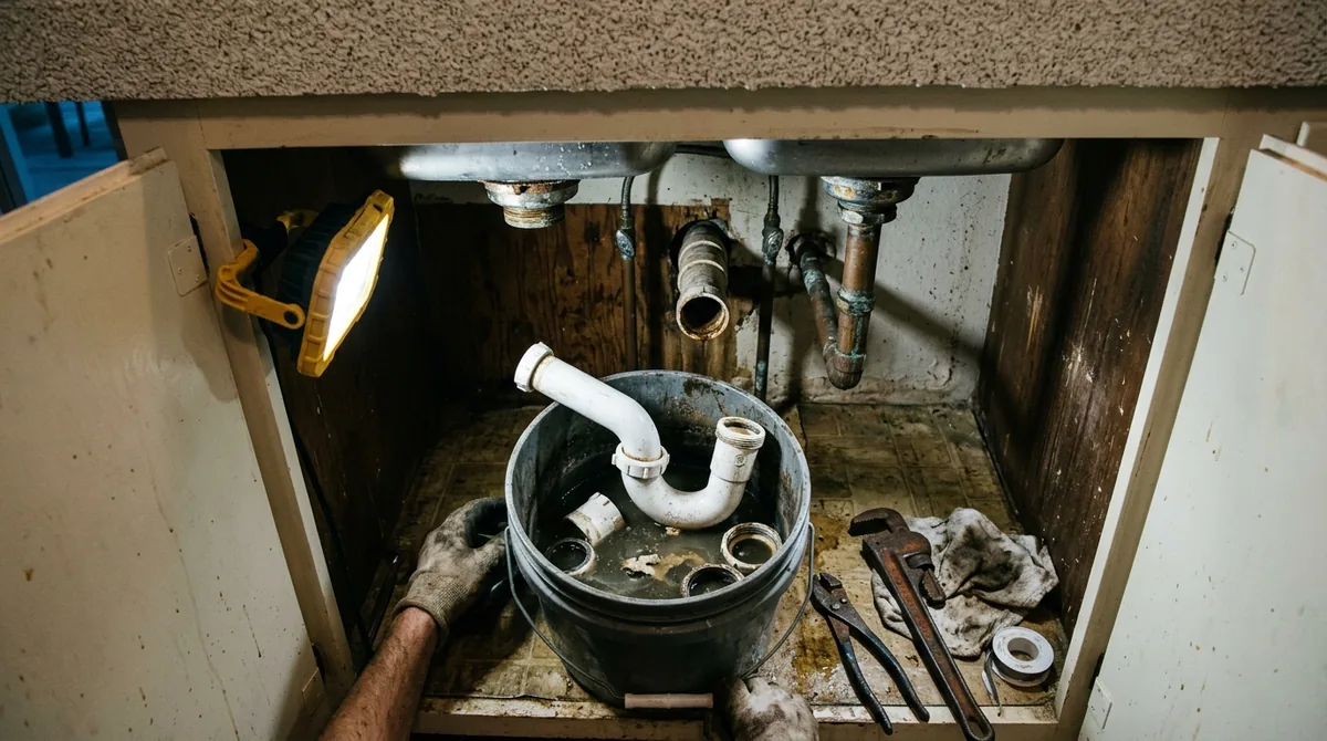 Under a kitchen sink with the P-trap dismantled into a bucket - Drain Unblocking in Yucaipa