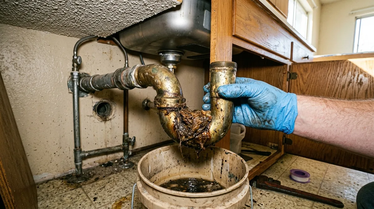 A trap arm pulled out with grease packed solid in the bend - Drain Unblocking in Yucaipa