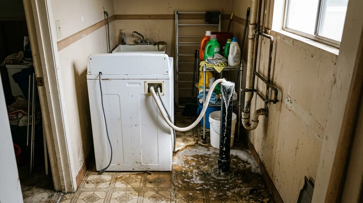 A laundry standpipe behind a washing machine with water backed up around it - Drain Unblocking in Calimesa