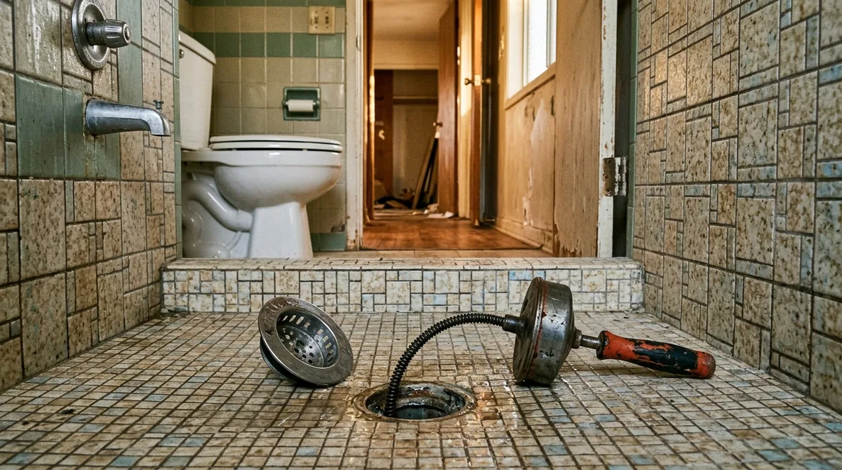 A shower base with the strainer lifted out and a hand auger beside it - Drain Unblocking in Calimesa