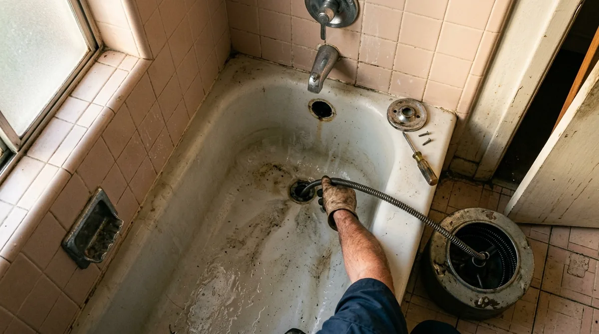 A tub overflow plate removed and a small cable fed into the waste - Drain Unblocking in Calimesa