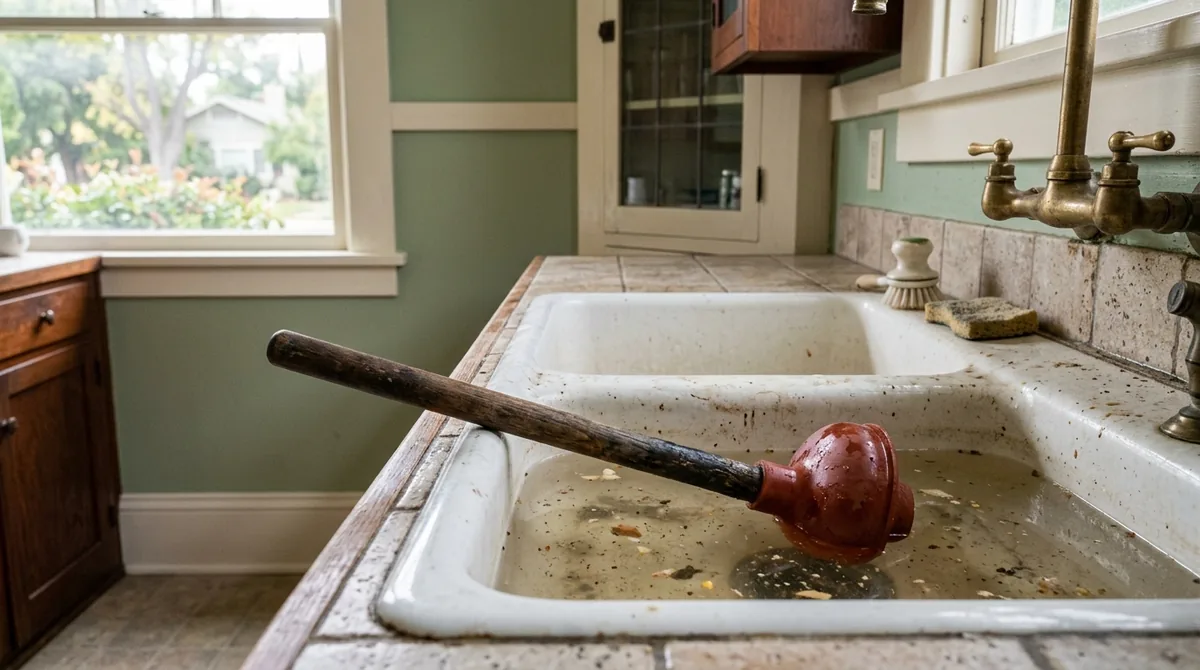 A kitchen sink half full of standing water with a plunger resting in it - Drain Unblocking in Redlands