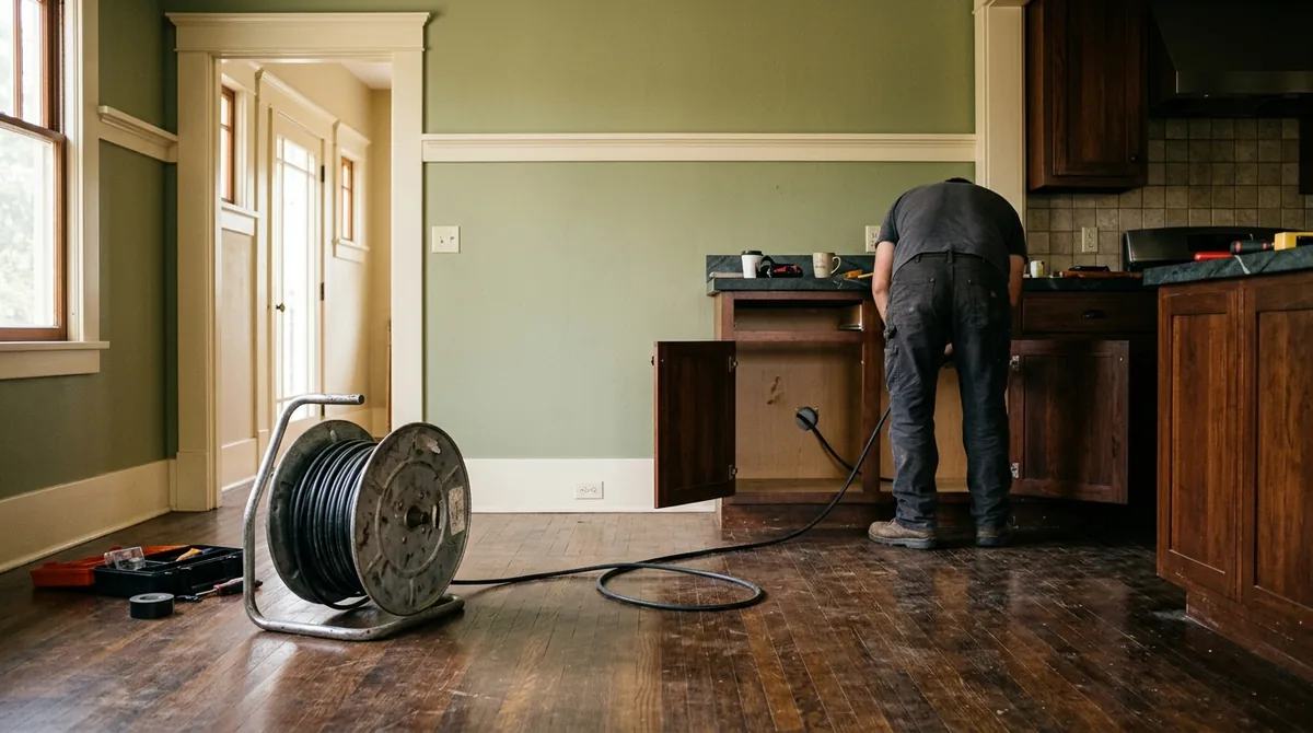 A cable drum on a kitchen floor with the cable run into the cabinet - Drain Unblocking in Redlands