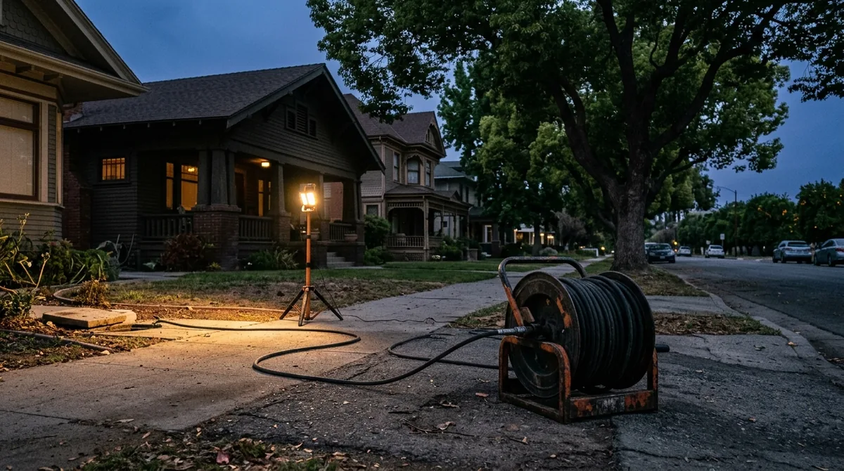 A jetting hose reel on the driveway with the hose run to a clean-out - Drain Unblocking in Redlands