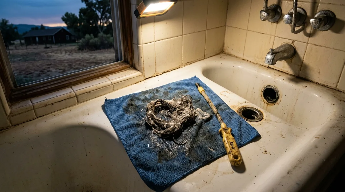 A hair mass drawn out of a tub drain and laid on a rag - Drain Unblocking in Mentone