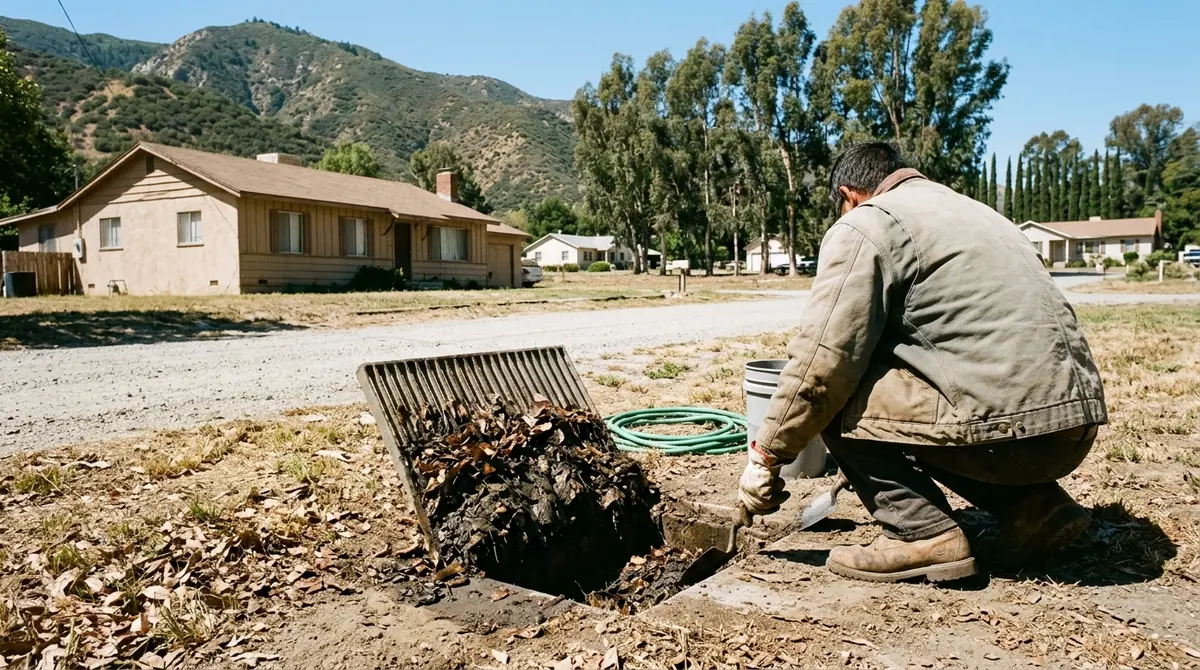 A yard drain grate lifted with leaves and silt packed under it - Drain Unblocking in Mentone