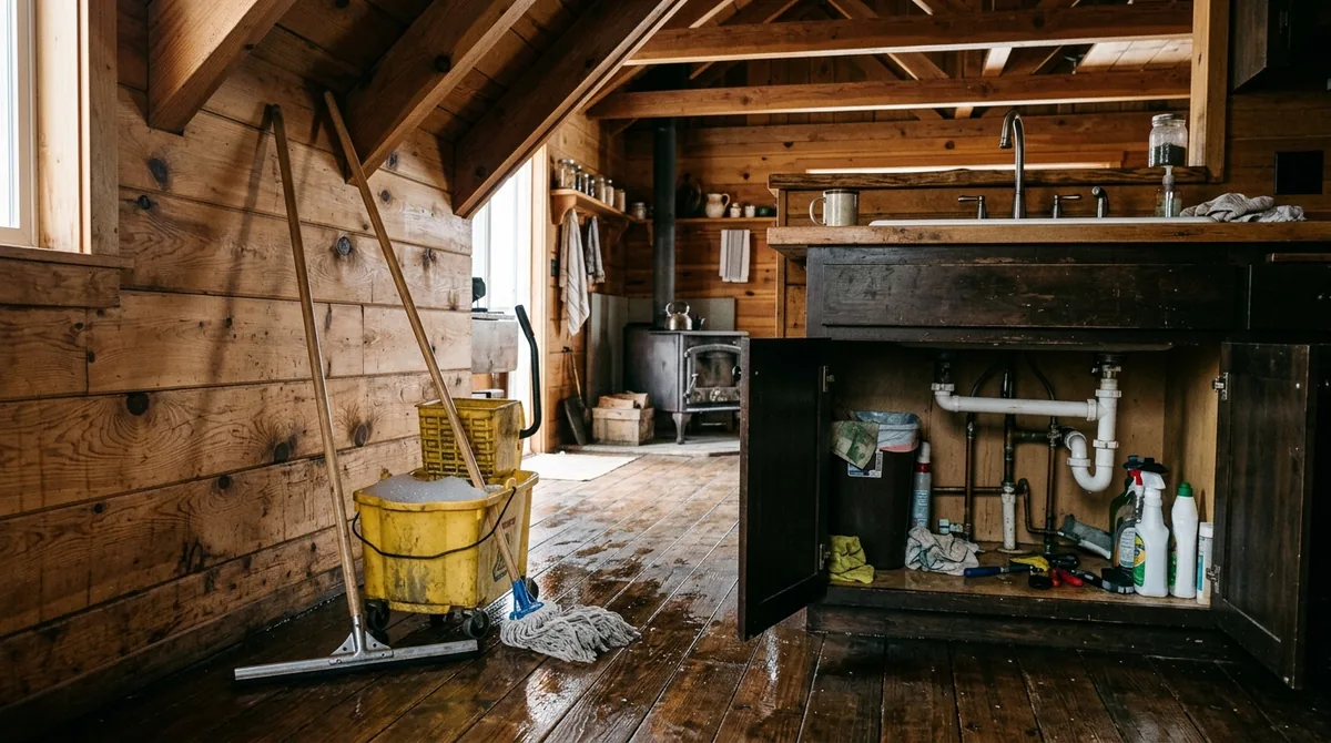 A mop bucket and squeegee beside a wet kitchen floor and an open cabinet - Drain Unblocking in Oak Glen