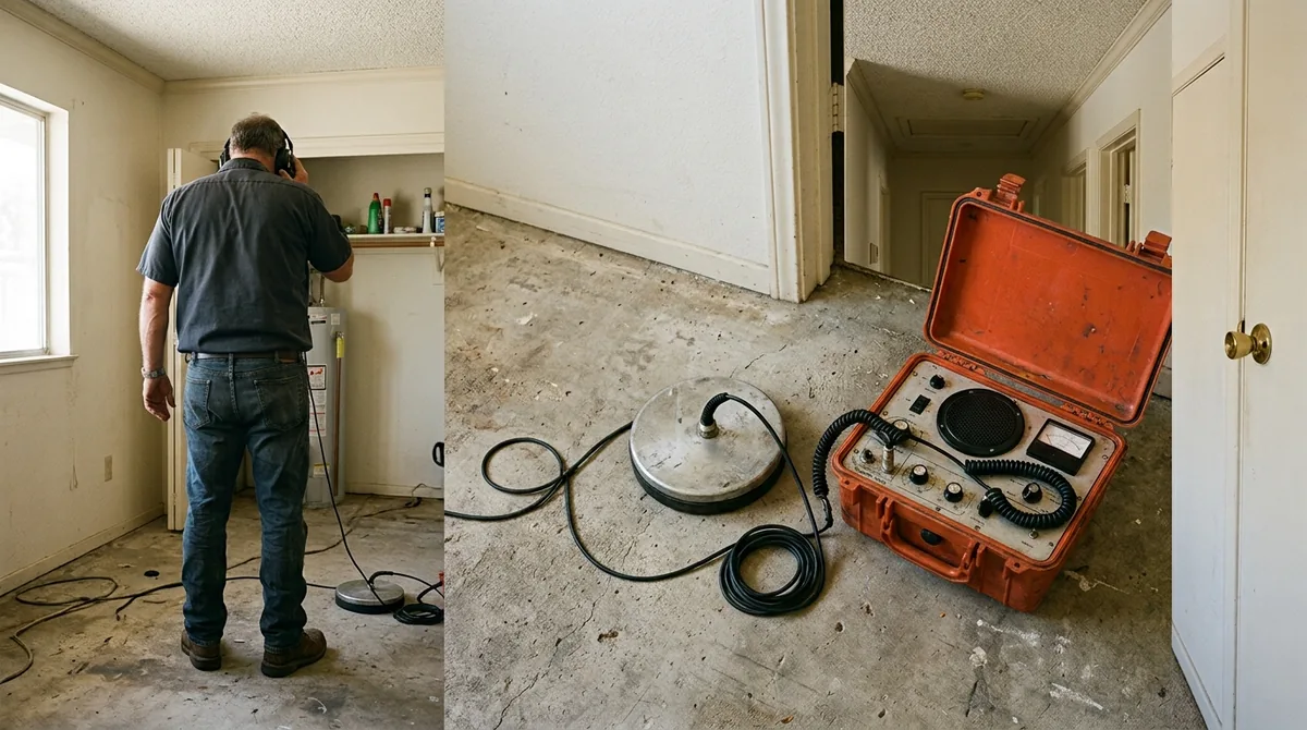 An acoustic listening disc held against a slab floor, the amplifier case open beside it - Leak Detection in Yucaipa