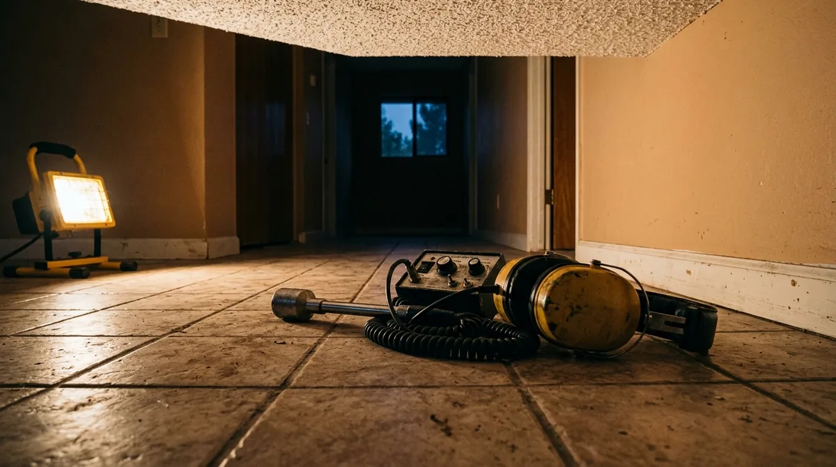 Headphones and a ground microphone set down on a tiled floor - Leak Detection in Yucaipa