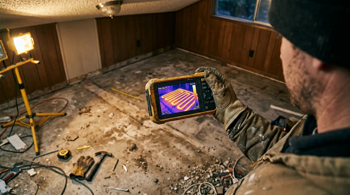 A thermal camera screen showing a warm line running across a slab floor - Leak Detection in Yucaipa