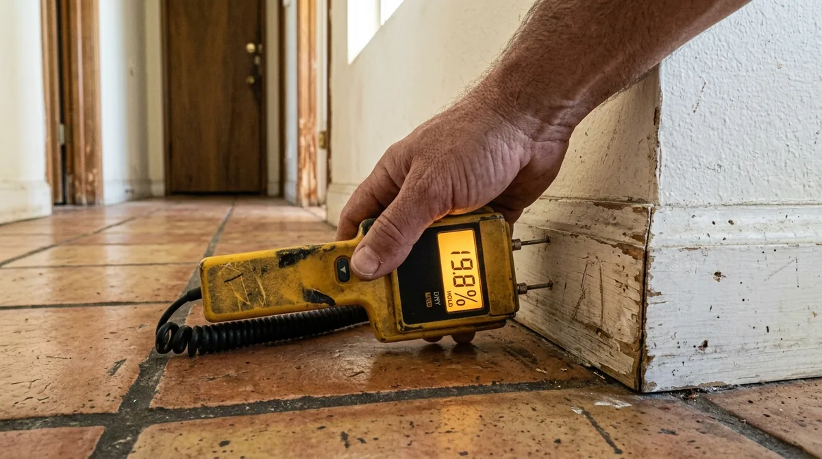 A moisture meter's pins in a baseboard with the reading lit - Leak Detection in Calimesa
