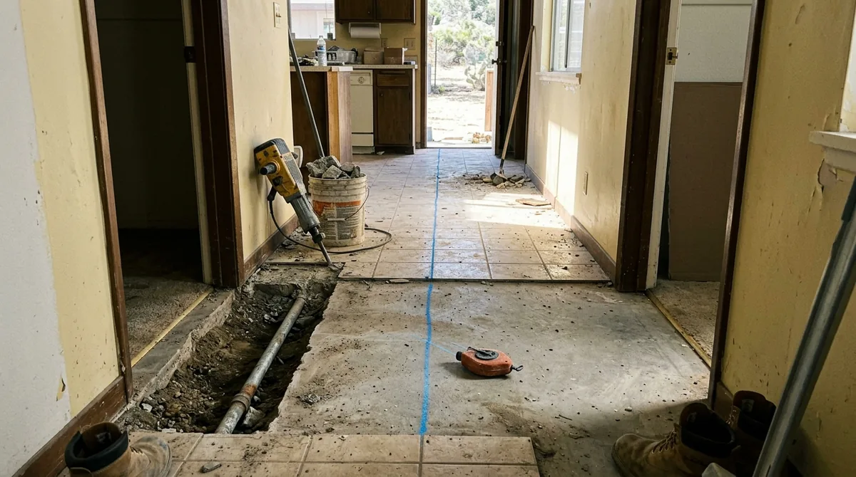 A chalk line marked across a slab where a pipe runs beneath - Leak Detection in Calimesa