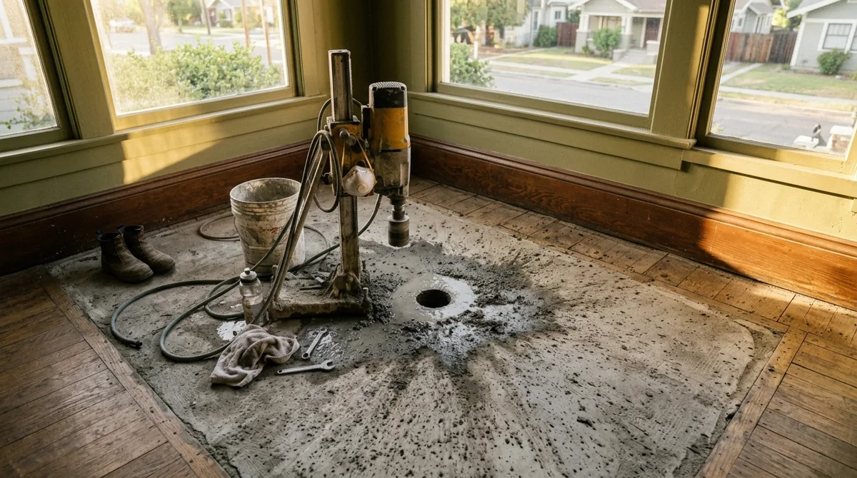 A small core hole cut in a slab with damp concrete dust around it - Leak Detection in Redlands