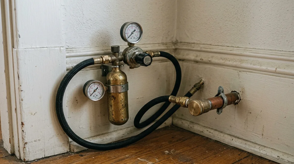 A leak detection test kit, a small test cylinder and regulator hosed to a capped water pipe - Leak Detection in Redlands