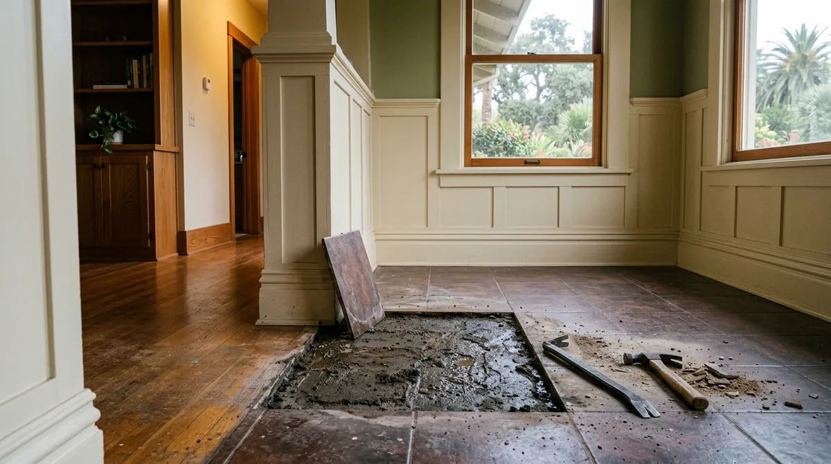 A floor tile lifted with the slab beneath it damp - Leak Detection in Redlands