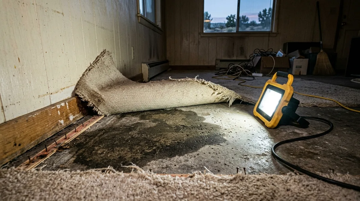 A carpet turned back at the edge showing a dark damp patch on the slab - Leak Detection in Mentone