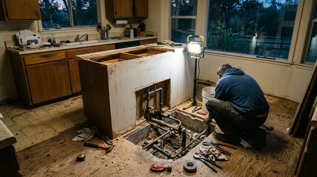 A kitchen island cabinet base with the floor cut back to the pipe below - Leak Detection in Mentone