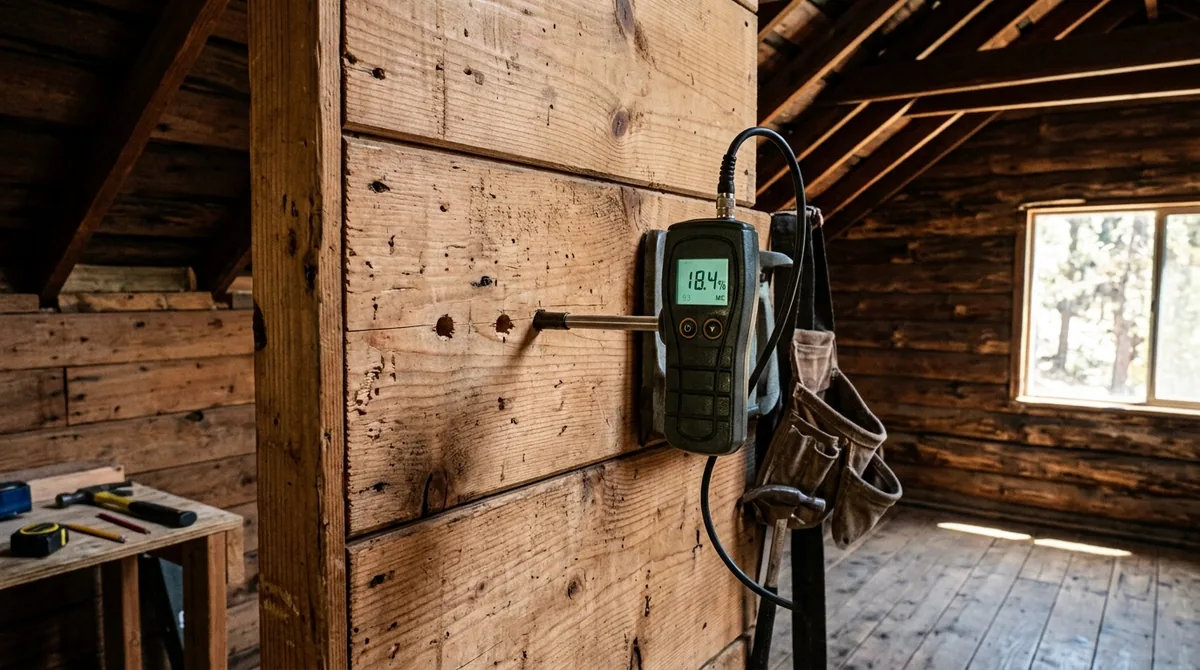 A board wall with three small drilled test holes and a moisture probe pushed into one - Leak Detection in Oak Glen