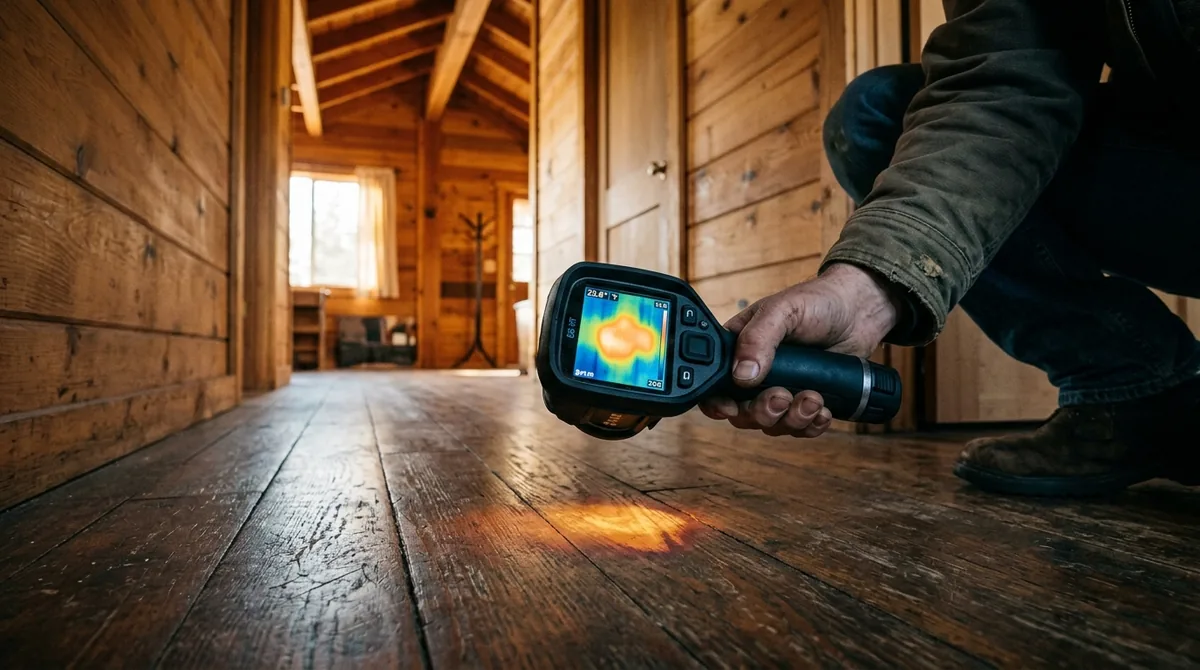 A thermal camera held over a warm patch on a hallway floor - Leak Detection in Oak Glen