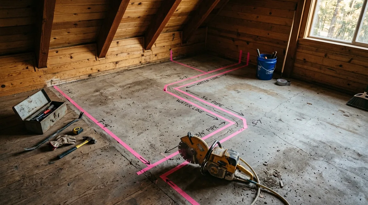 A concrete floor with the hidden pipe route marked in bright tape, ready to open up - Leak Detection in Oak Glen