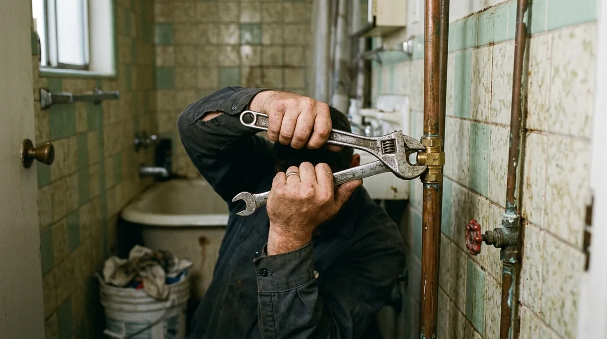 A compression fitting being tightened on a copper line with two wrenches - Emergency plumbing in Calimesa