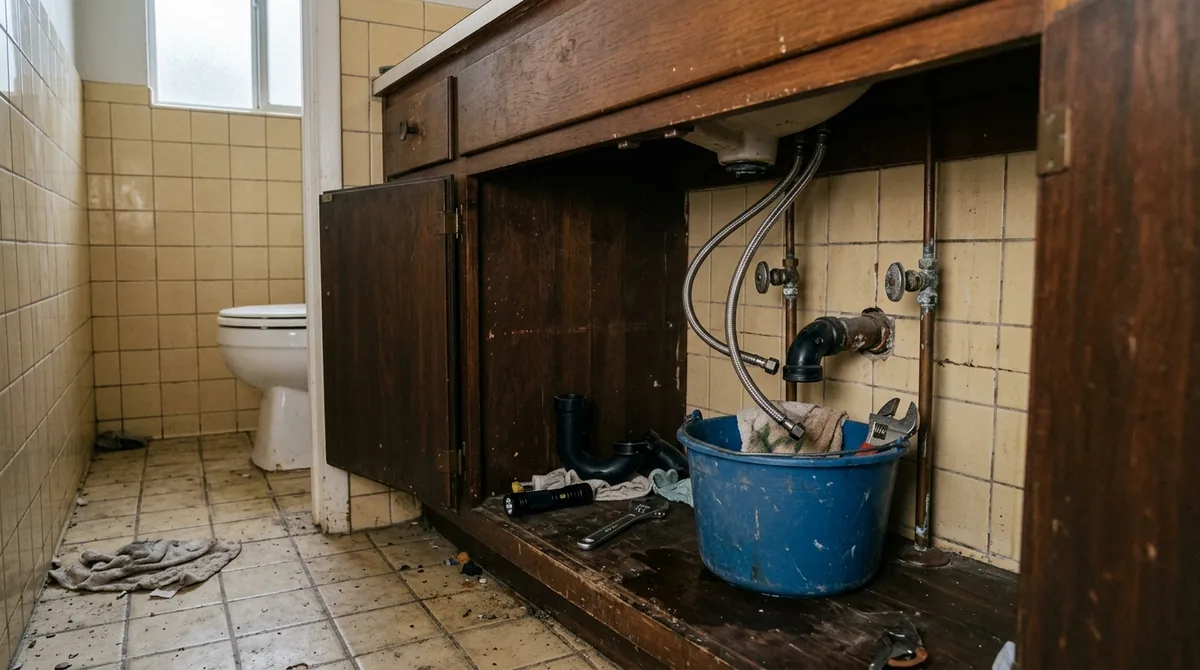 The underside of a bathroom vanity with the supply lines disconnected - Emergency plumbing in Calimesa