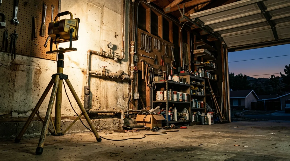 A work light on a tripod lighting a garage wall and its piping - Emergency plumbing in Calimesa