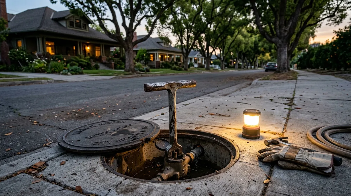 A water meter key standing in an opened curbside meter box - Emergency plumbing in Redlands