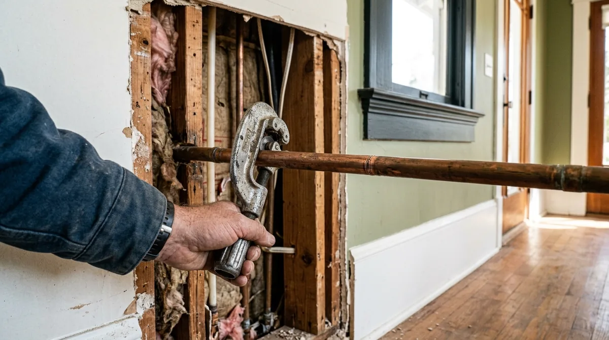 A pipe cutter mid-cut on a horizontal copper run inside a wall - Emergency plumbing in Redlands