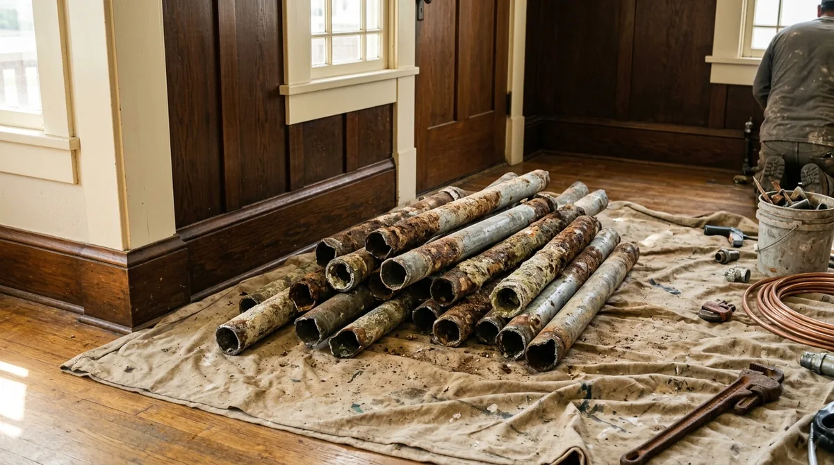 Cut-out corroded galvanized pipe heaped on a drop cloth - Emergency plumbing in Redlands
