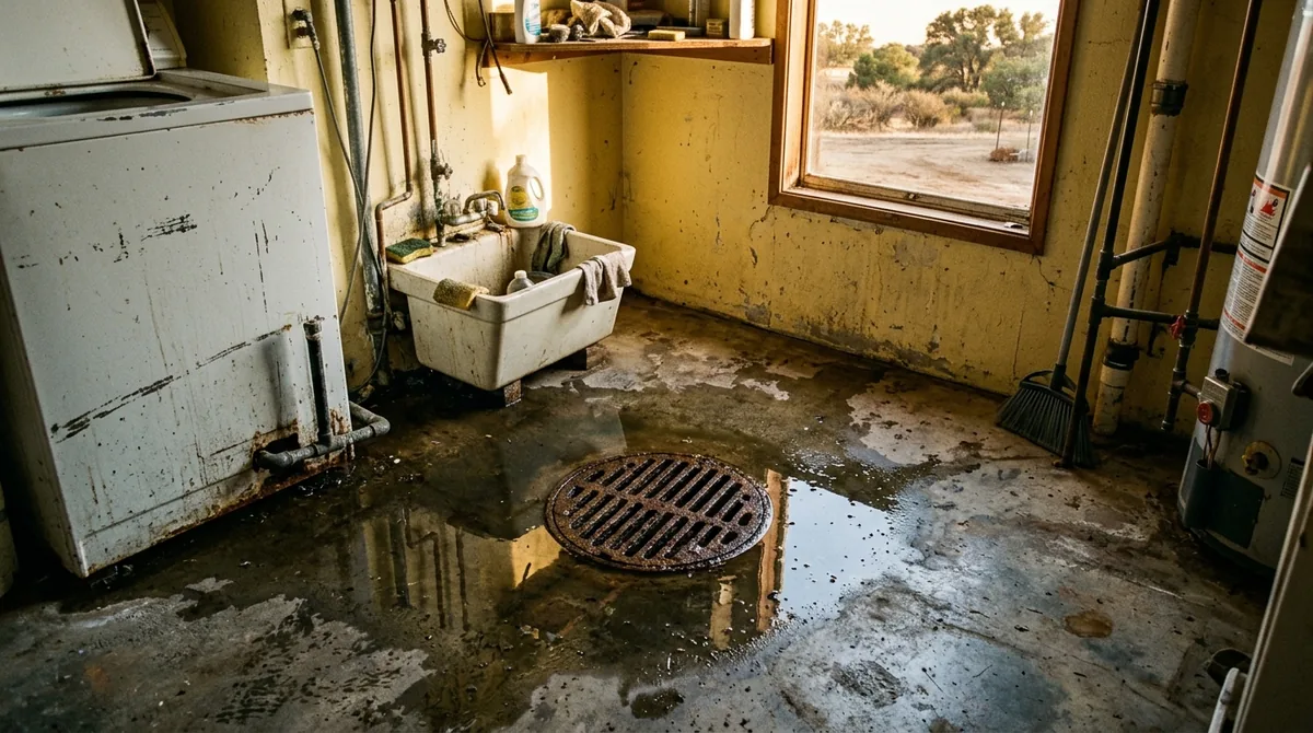 A laundry room floor drain with water standing over it - Emergency plumbing in Mentone