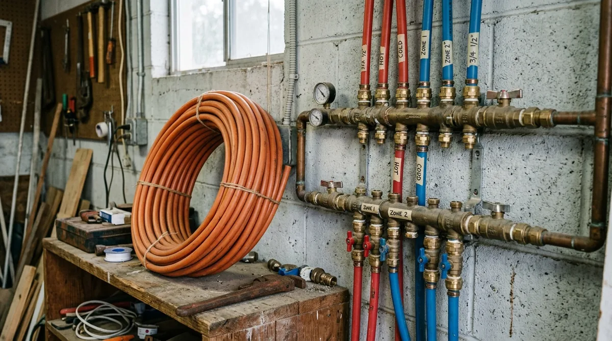 A coil of PEX beside a manifold on a garage wall - Emergency plumbing in Mentone