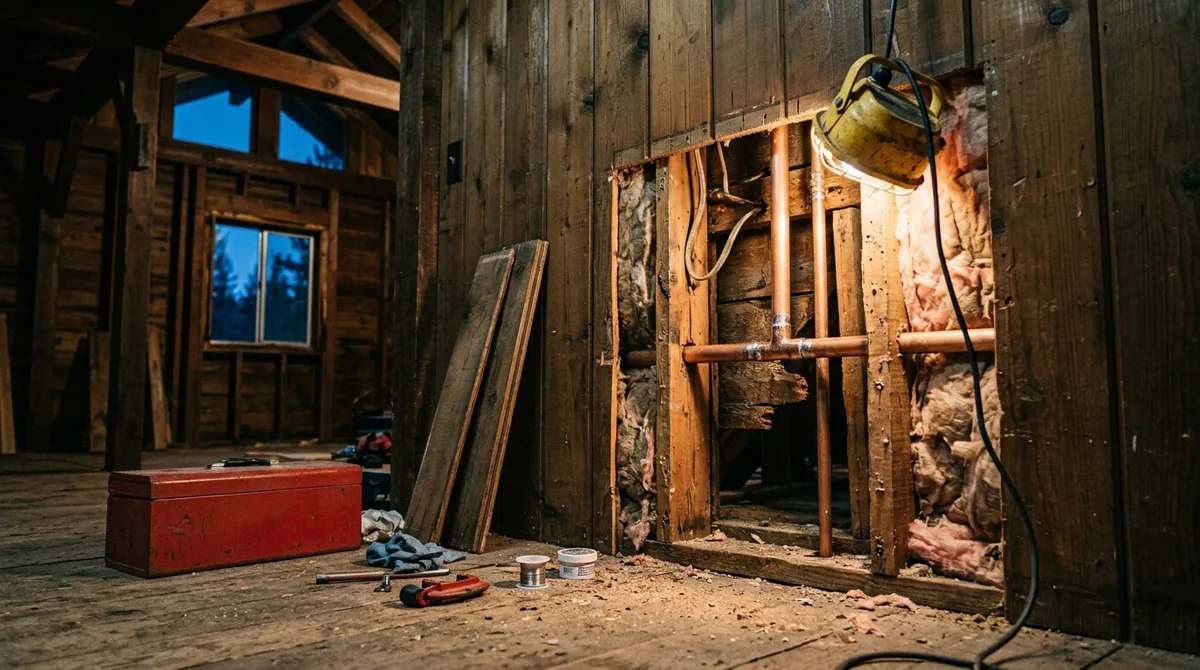 A section of board wall taken off to reach the repaired pipe joint behind it - Emergency plumbing in Oak Glen